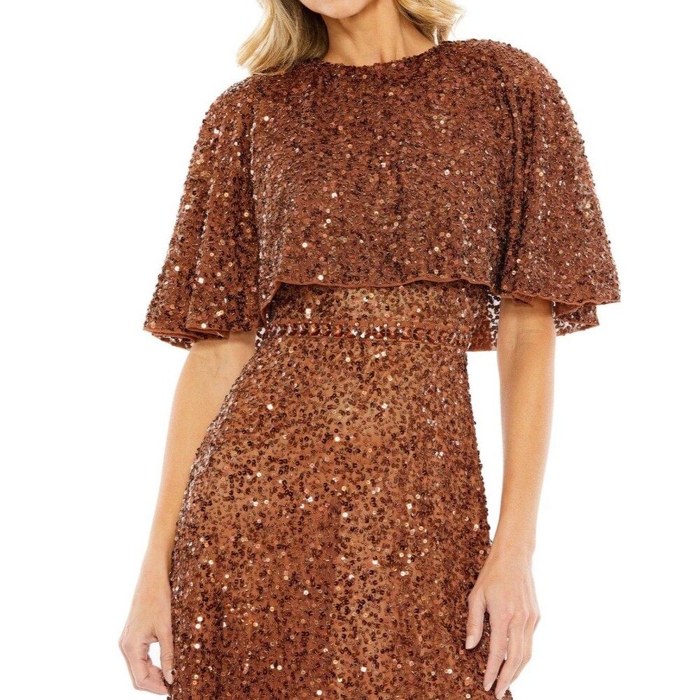 Mac Duggal 5577 Size 6 Copper Sequin Capelet Midi Dress Crystal Waist NWT $498 - Picture 2 of 3
